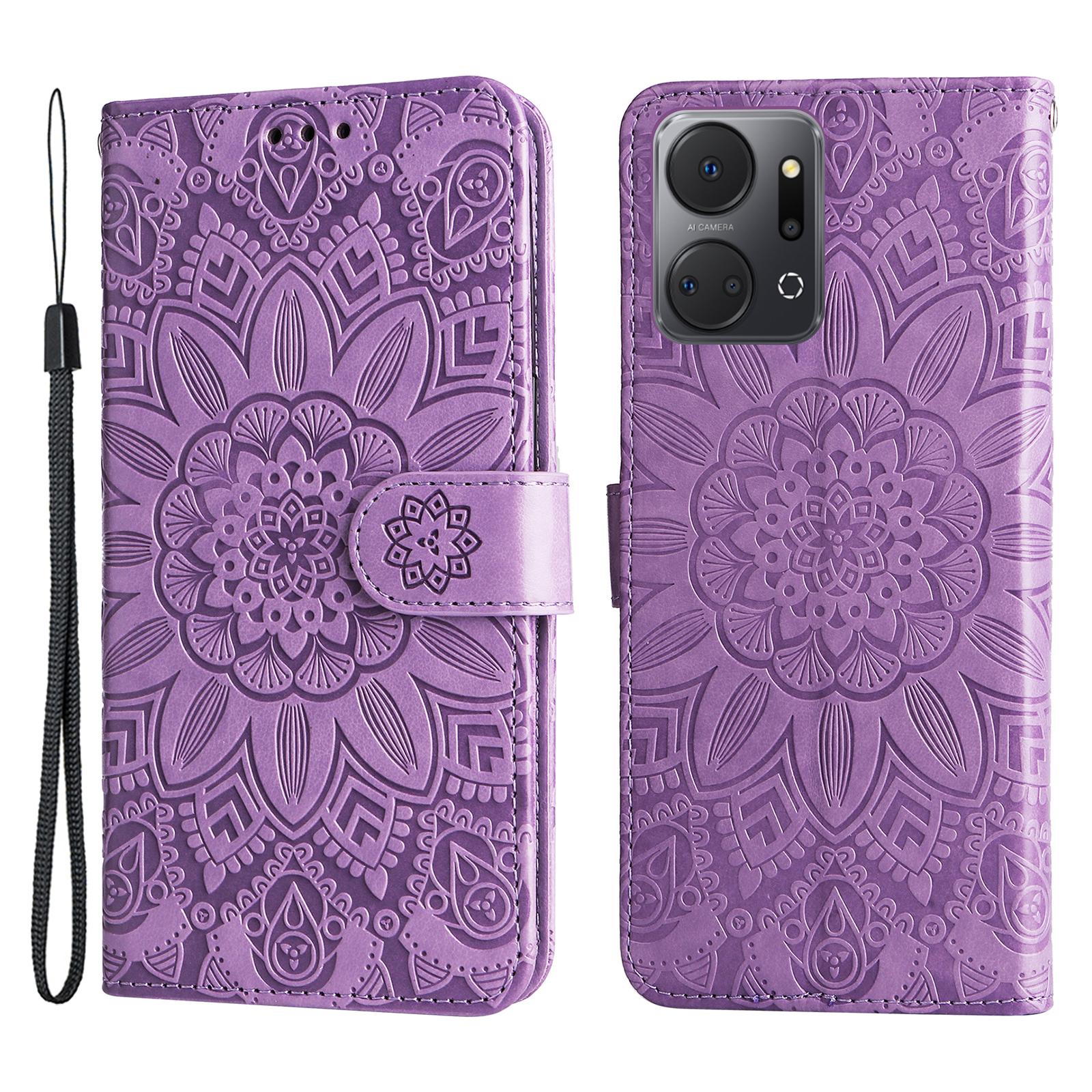 

Phone Stand Case for Honor X7a 5G,PU Leather Sunflower Imprinted Wallet Phone Cover with Hand Strap Purple