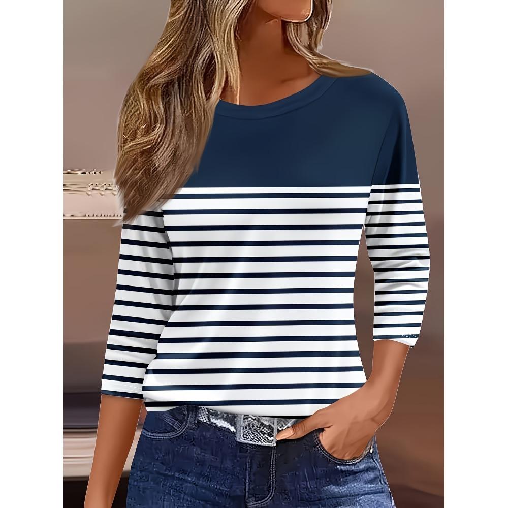 2026 New Women's Black White Striped Orange Trim Knit Sweater Long Sleeve Crew Neck Loose Fit Casual Daily Wear Top