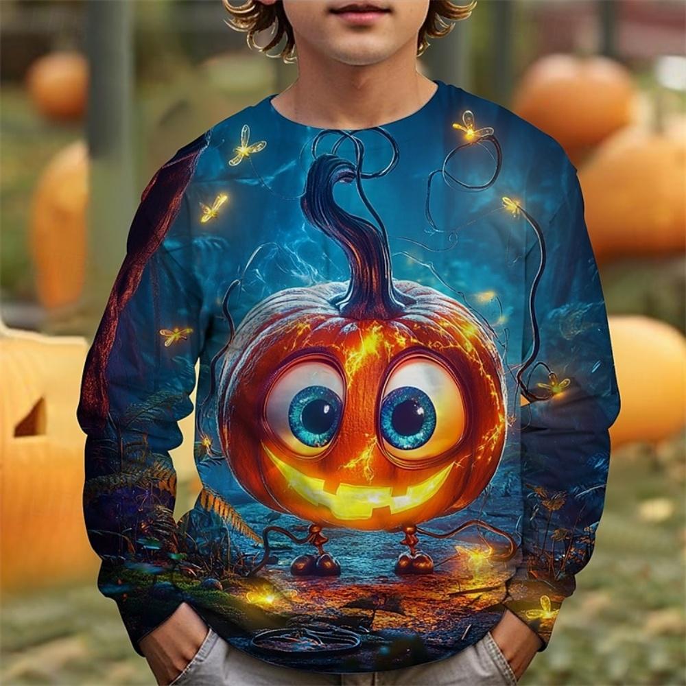 Kid Long Sleeves T-Shirt Fashionable Creativity Halloween Pumpkin Graphic Print Autumn Casual Sports Versatile Comfortable Loose T-Shirt