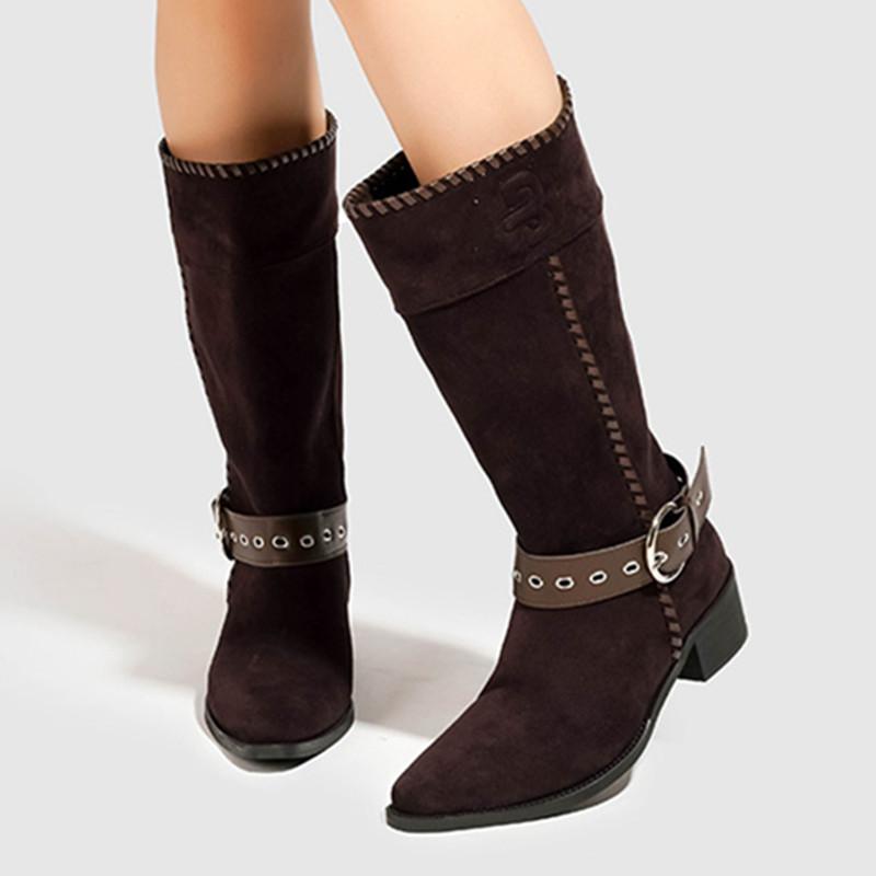 Fashion Retro Western Ankle Boots for Women Fashion Belt Buckle Decoration Wedge Mid Calf Boots High Quality Faux Suede Zapatos De Mujer