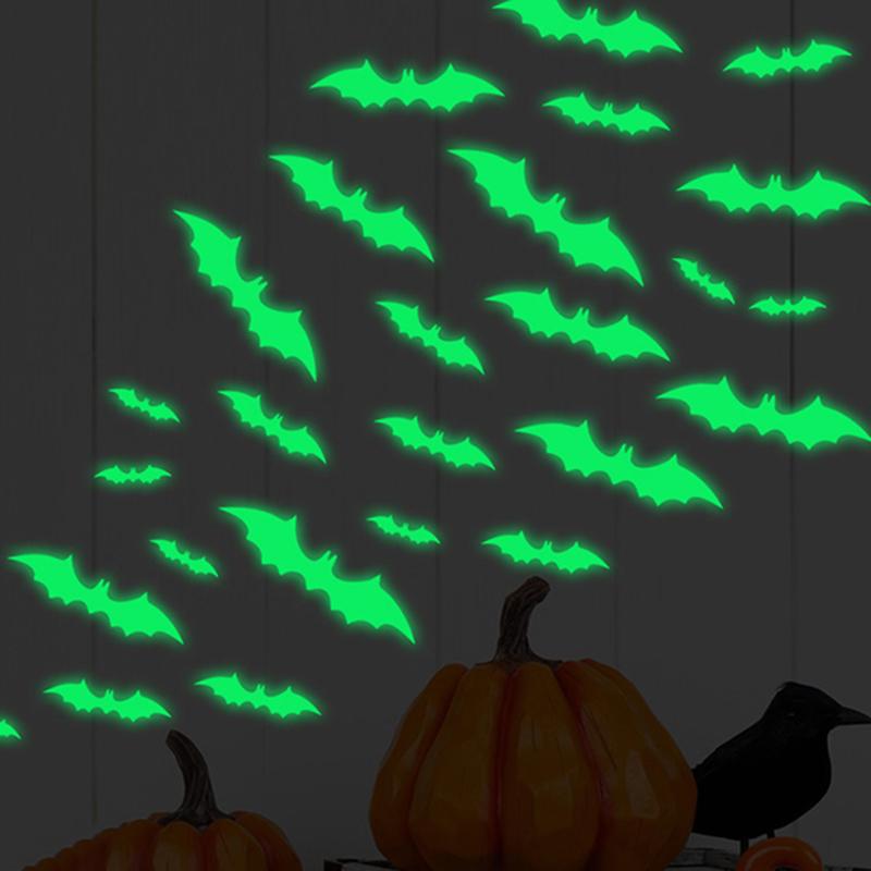 16pcs Glowing Bat Wall Sticker Reusable PVC 3D Bats Window Stickers Halloween Party Favors Home Self-Adhesive Party Supply