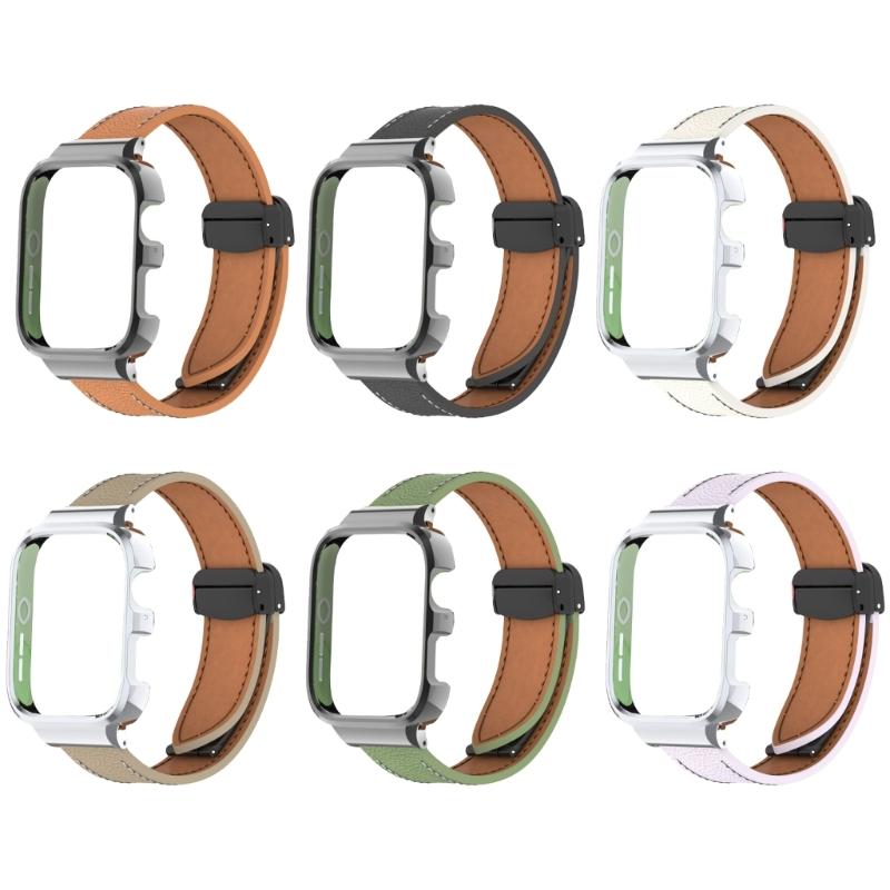 Leather Watch Band Replacement Band Lychee Texture Strap for Fit 3 Wristband Sweatproof Bracelet with Metal Frame