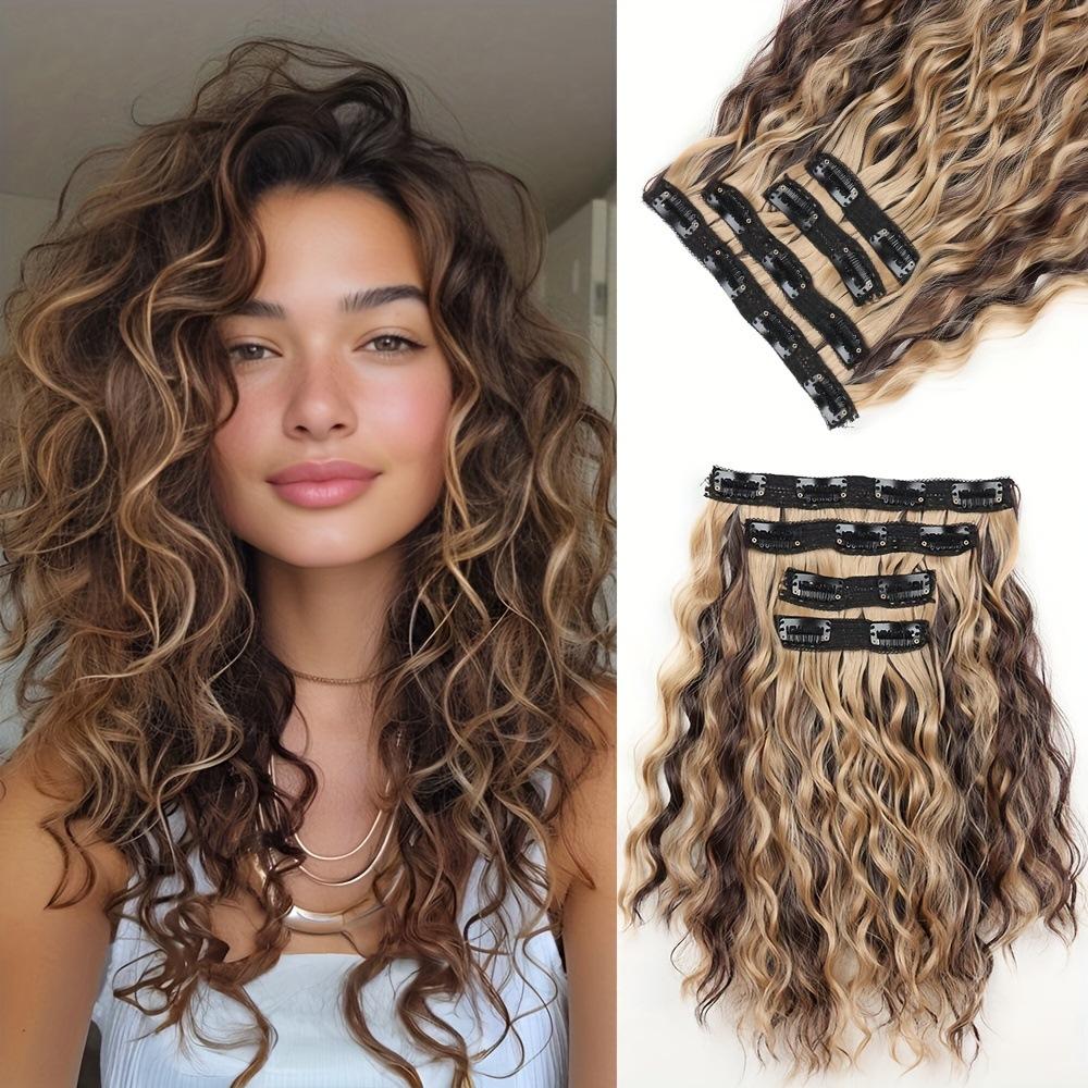 4 PEZZI Estensioni per Capelli Clip-in 12" Corti Ricci Ondulati Estensioni per Capelli Invisibili Naturali Morbidi per Donne Colore con Riflessi Biondi