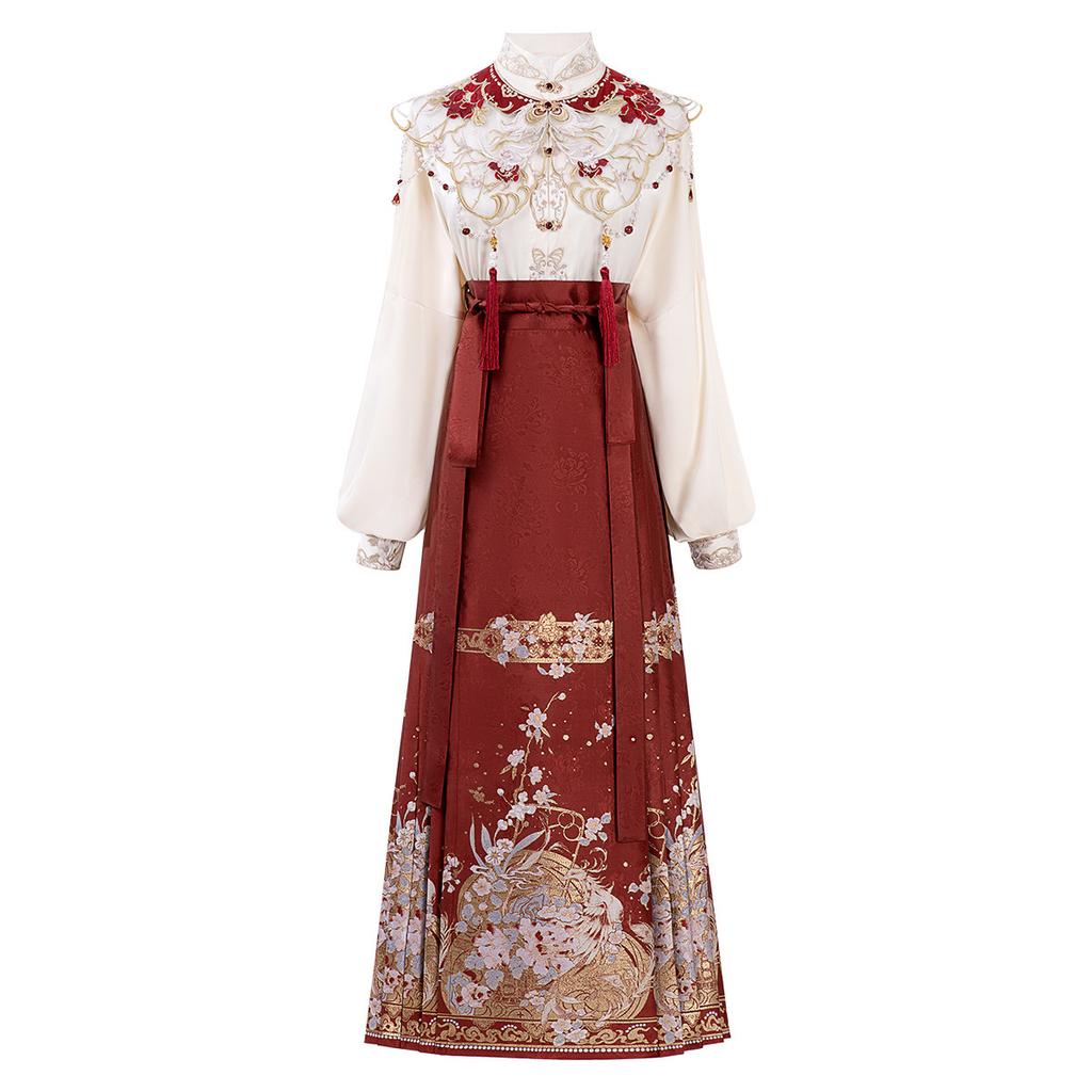Yimengge Original Fengming Qu Hanfu Three-piece Set Women Chinese Style Improved Han Element Blouse Cloud Shoulder Horse Skirt Suit