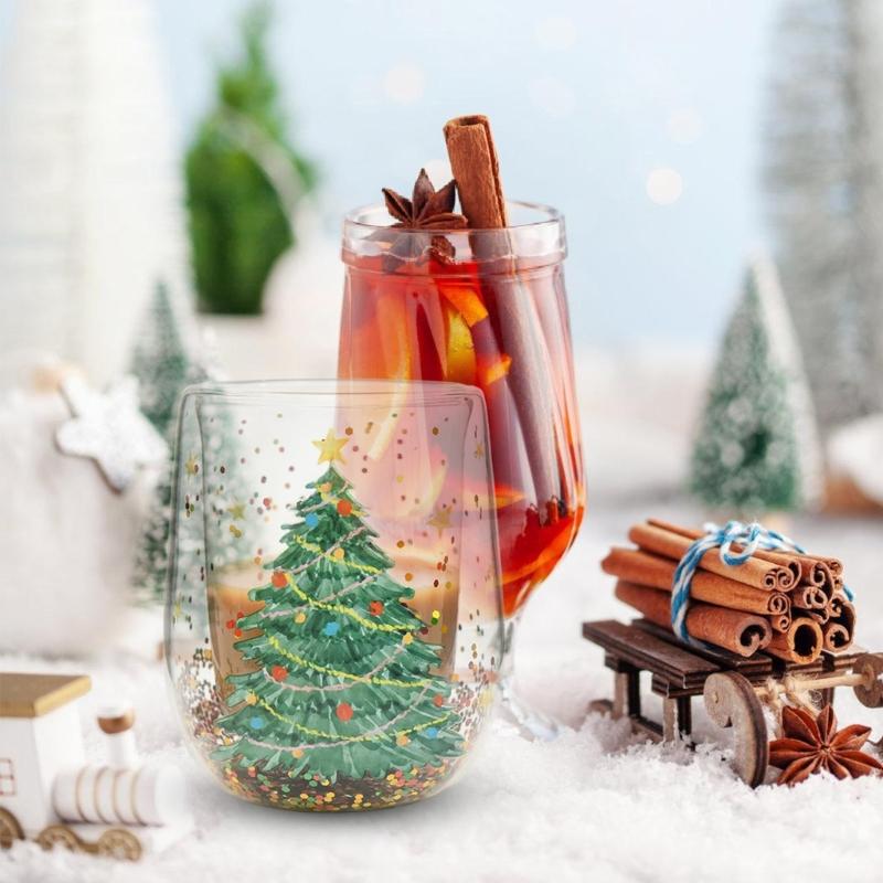Drinking Cup with Christmas Tree Sparkles Double Walled Sparkling Christmas Tree Glass Mug for Warm Beverages