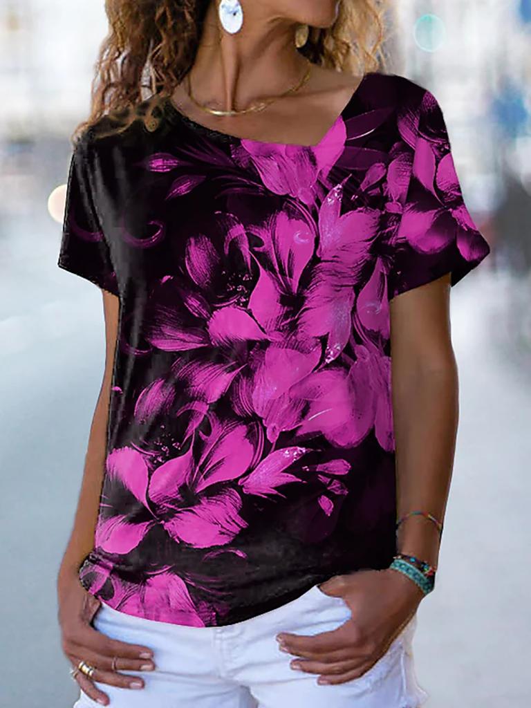 Women's Floral Theme Painting T Shirt Rose Floral Print V Neck Basic Tops Short Sleeve T-shirt XS-8XL/3D Printing