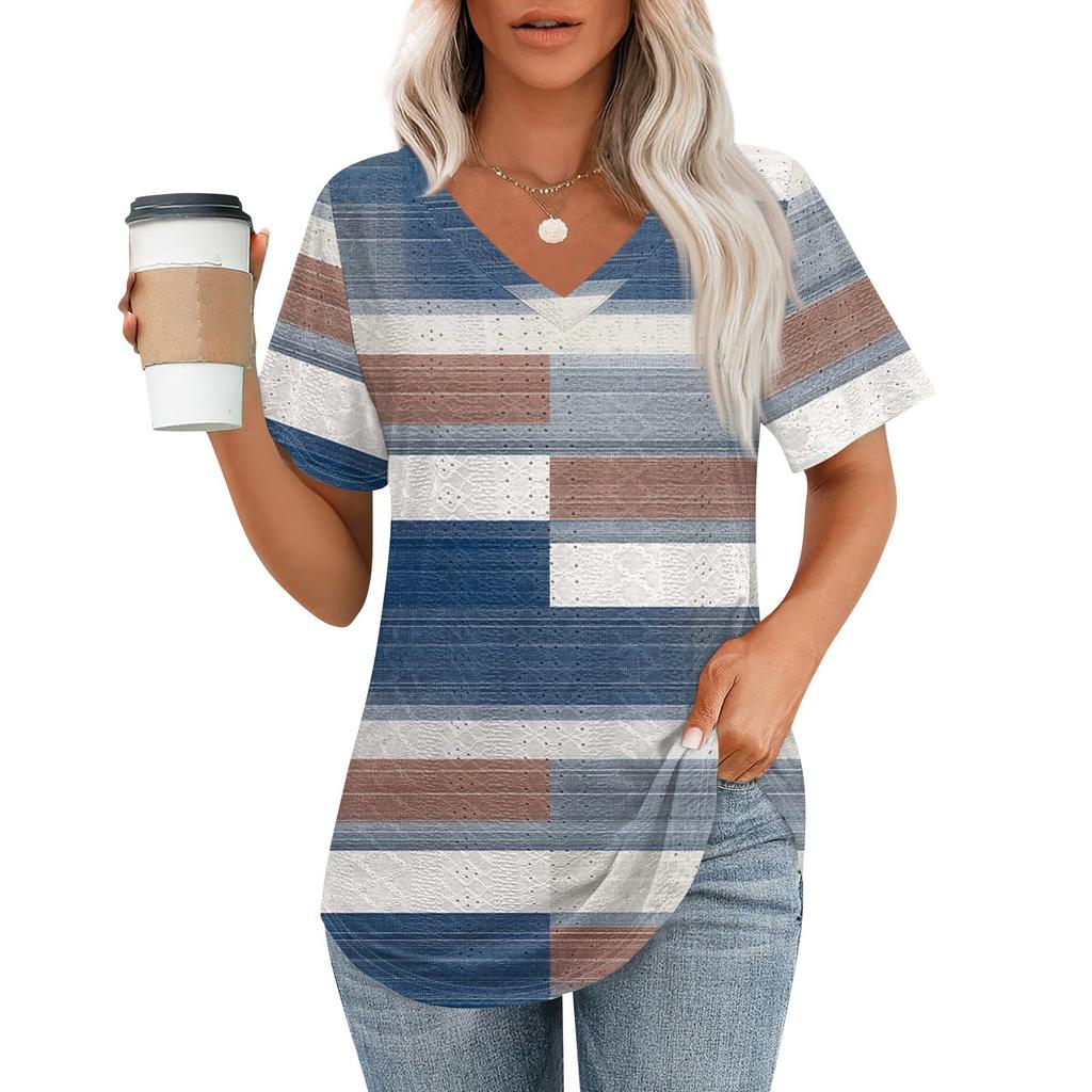 Womens T Shirts V Neck Short Sleeve Casual Tops Loose Fit Basic Tees With Curved Hem