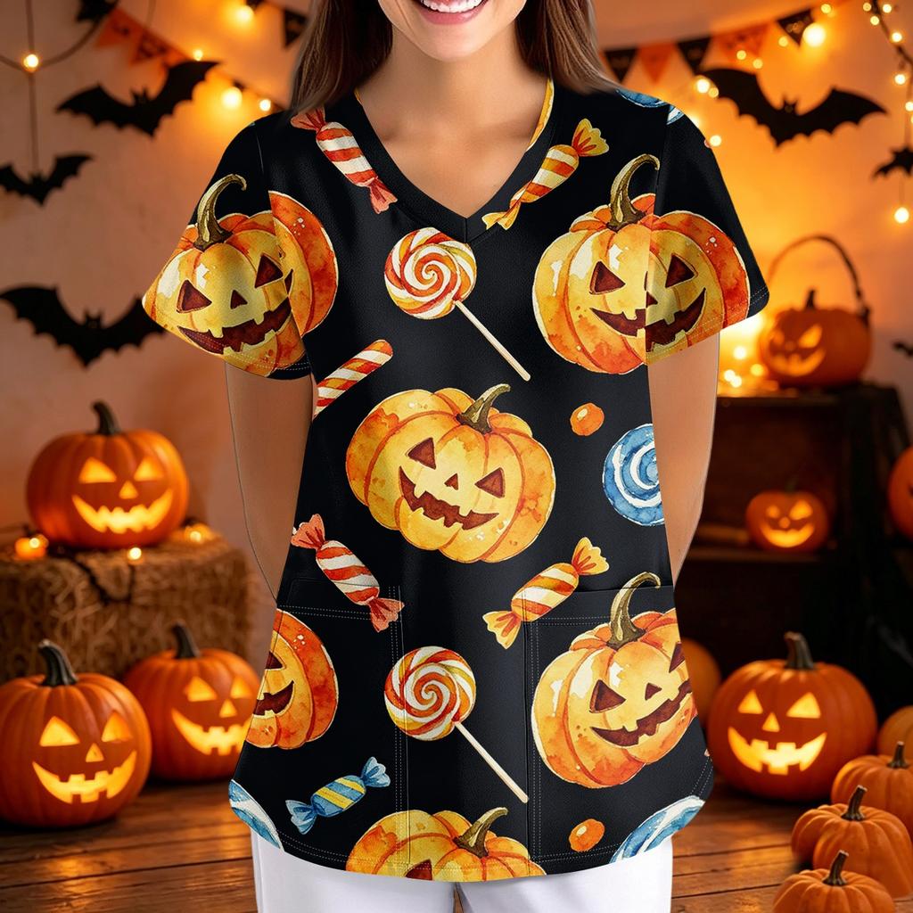 Women Halloween Printed V Neck Loose Fit Short Sleeve Scrub Top with Pockets Soft Fabric Comfortable Shirt