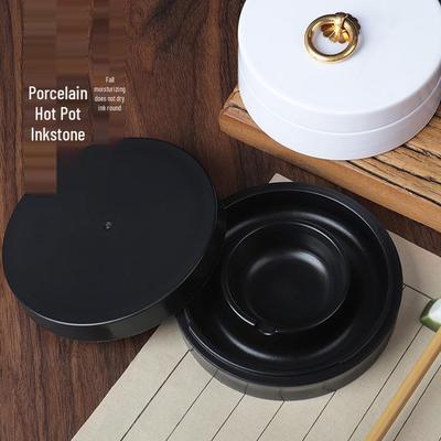 Porcelain Hot Pot Inkstone: Moisturizing, Anti-Evaporation Ink Well with Lid for Calligraphy.