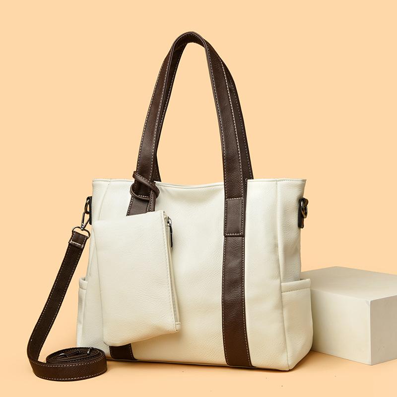 Single-shoulder Bag: Fashionable and Simple Color-blocking Tote Bag, Soft Leather Single-shoulder Commuter Bag