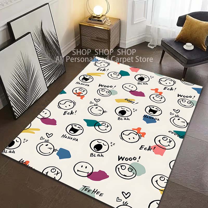 Auswahl mehrerer Größen Kreativer Teppich mit Smiley-Gesichtsmuster für Wohnzimmer Schlafzimmer Sofa Heimdeko Rutschfeste Bodenmatte Große Größe