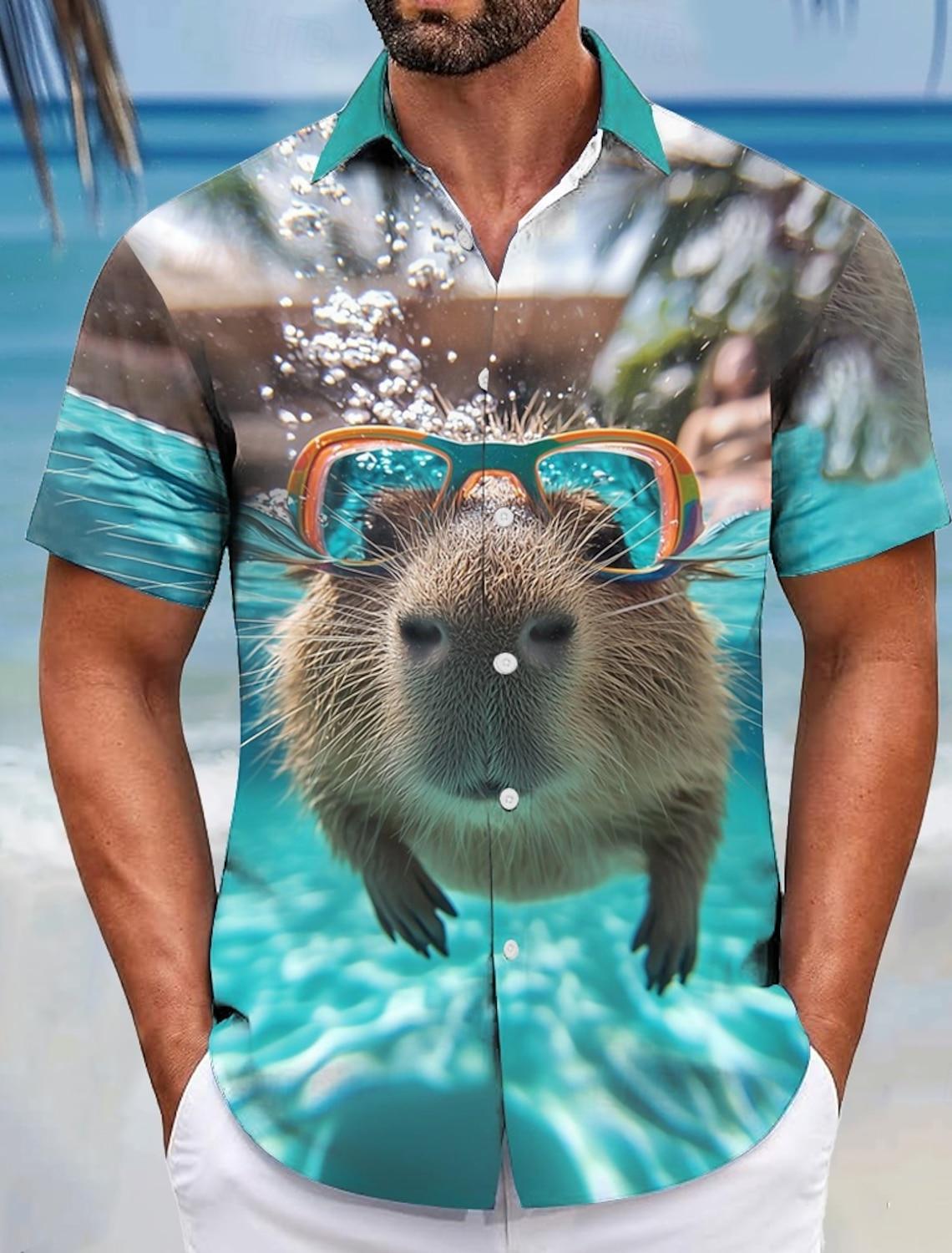 Men s Animal Funny Capybara Shirt Summer Hawaiian Shirt Button Up Shirt Short Sleeve Summer Turndown 3D Print Collared Shirts S