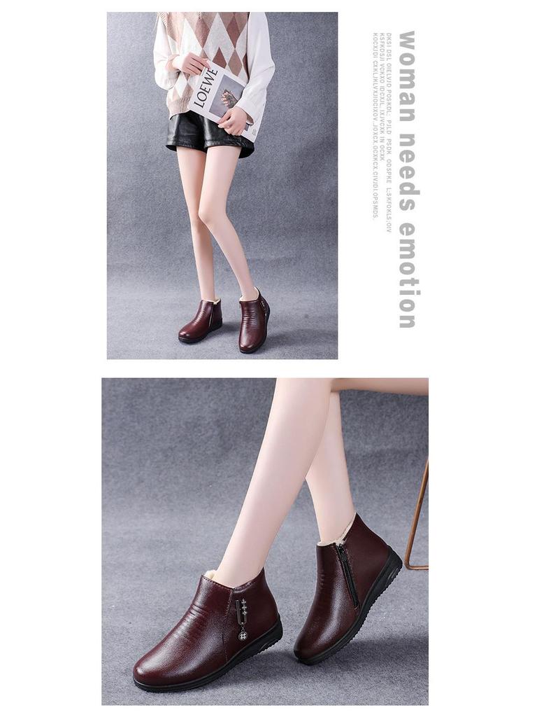 Women's Winter Soft Sole Cotton Boots for Middle-Aged and Elderly - Velvet-Lined, Flat Bottom, Leather Short Boots