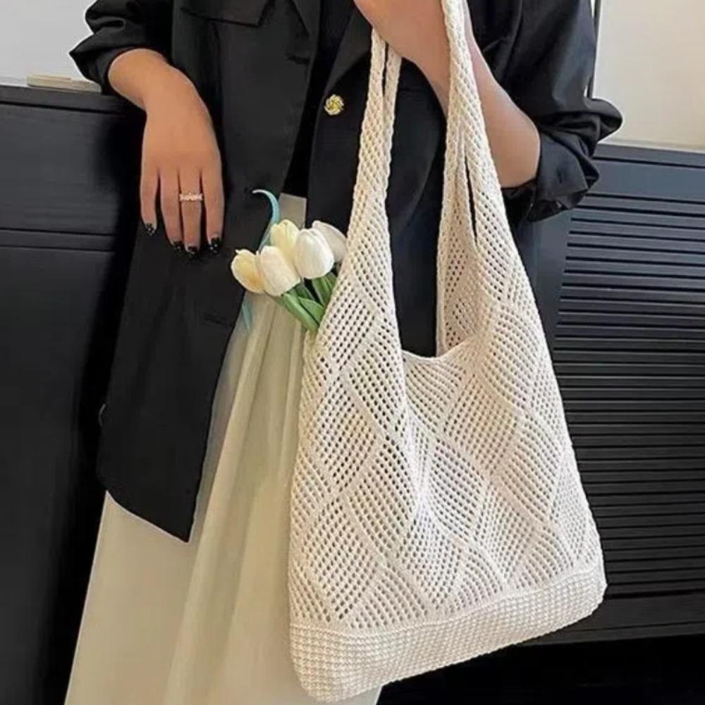 Washable Woven Shopping Bag Large Capacity Shoulder Bag Fashion Hollow Knit Tote Bag  Summer