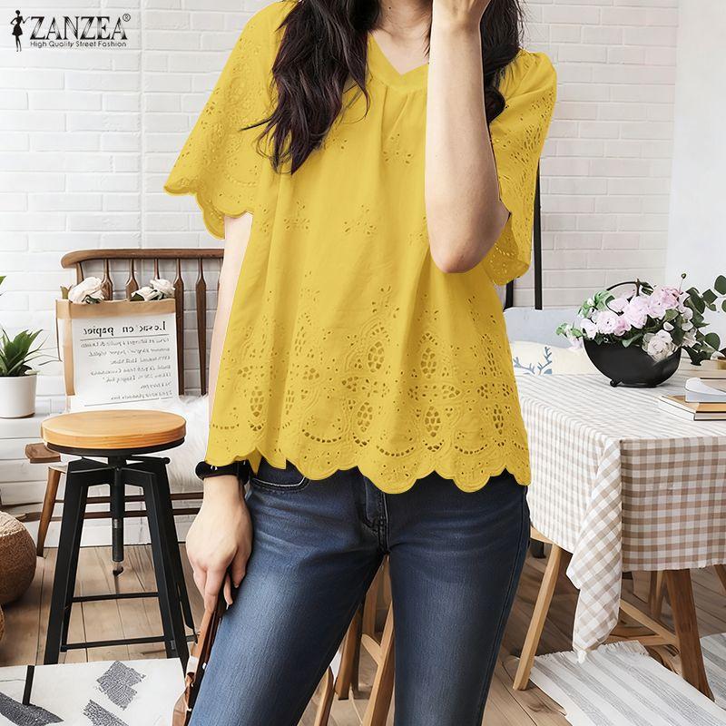 ZANZEA Women Casual V-Neck Short Sleeve Patchwork Crochet Blouse