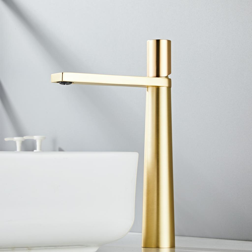 Single Handle Hot and Cold Deck Mounted Tall Brass Sink Mixer Round Gold Brushed Bathroom Modern Wash Basin Faucet Tap