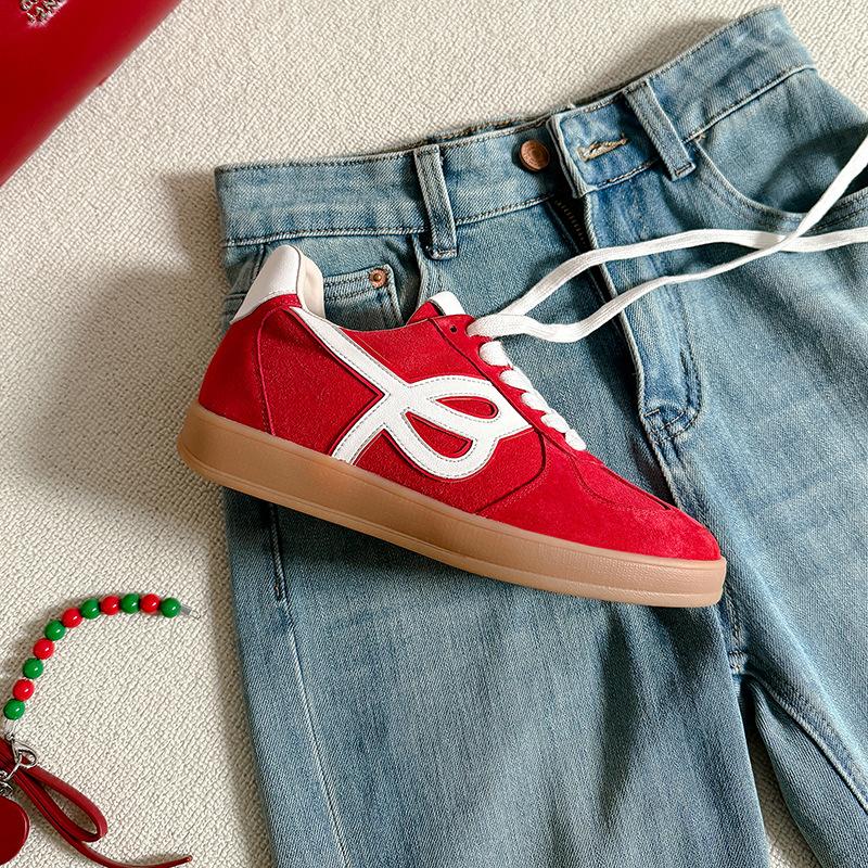 Fashion 2025 New Spring and Autumn Retro Light Flat Shoes Cowhide Sneakers Red And Blue And Beige Ladies' Daily Comfort Desginer Shoes