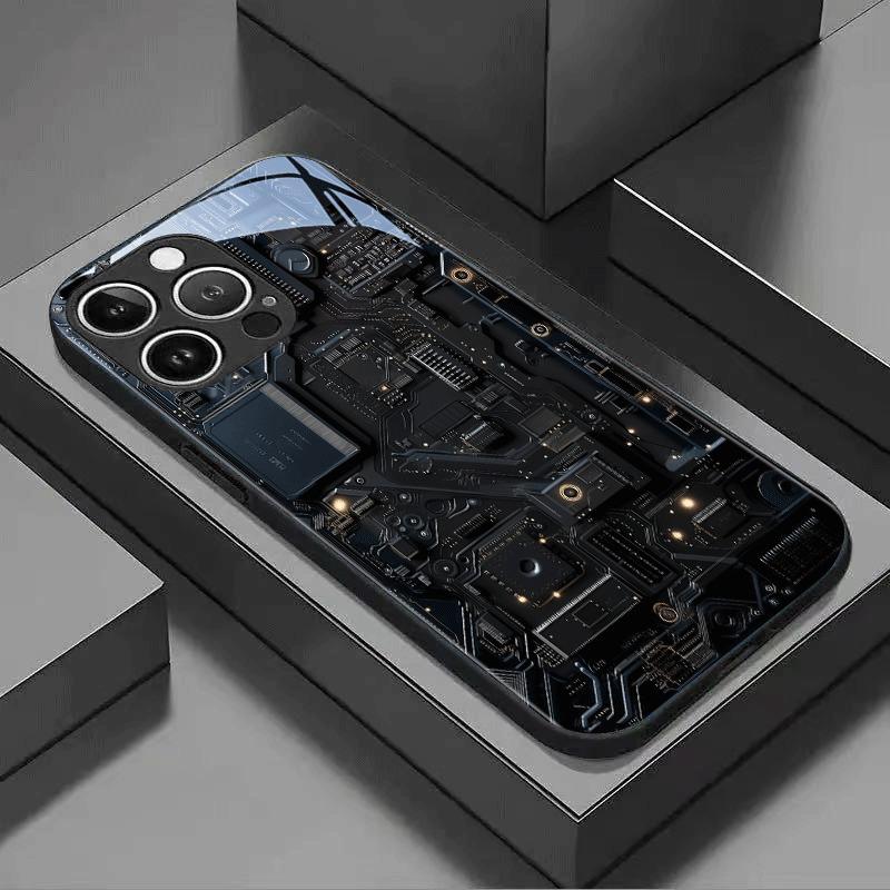 Black Cool Circuit Board Pattern Glass Phone Case For iPhone 17 Pro Max 16 15 14 13 12 11 Pro 16E 17Air 7 8 Plus XR XS X Cover