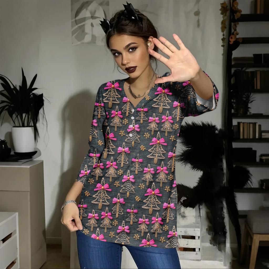 Women's Casual Fashion Sexy Comfortable Christmas Print V-Neck Button Three-quarter Sleeve Top