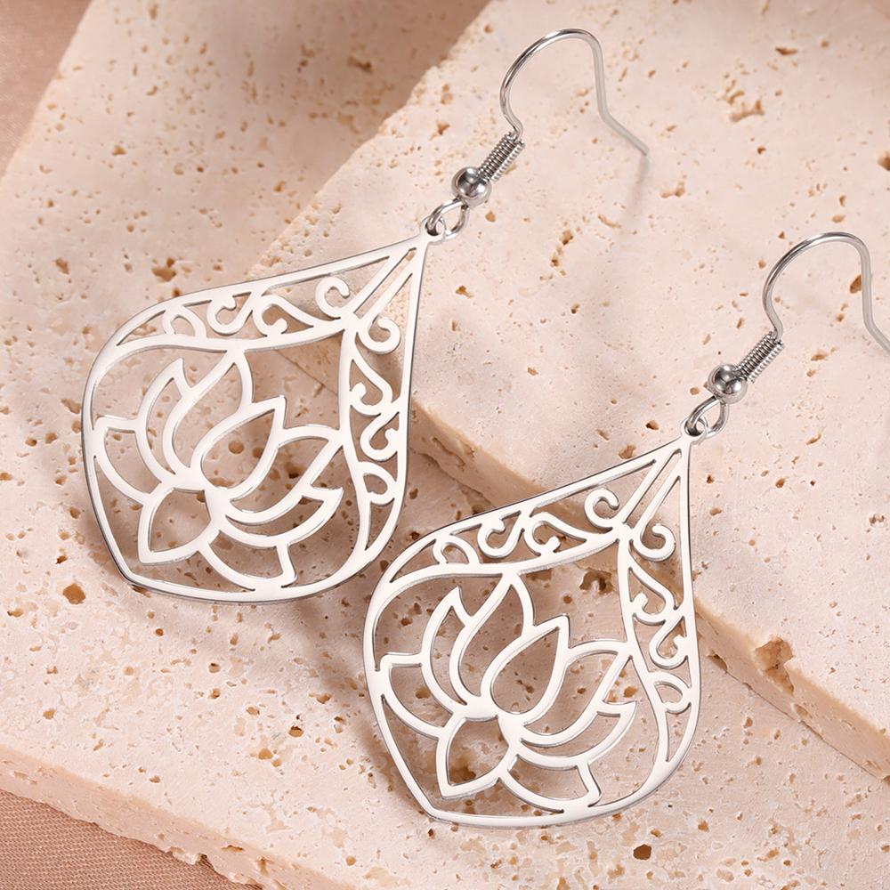 Dawapara Lotus Flower Dangle Earrings for Women Stainless Steel Round Flower Charm Yoga Jewelry Buddhist Spiritual Amulet