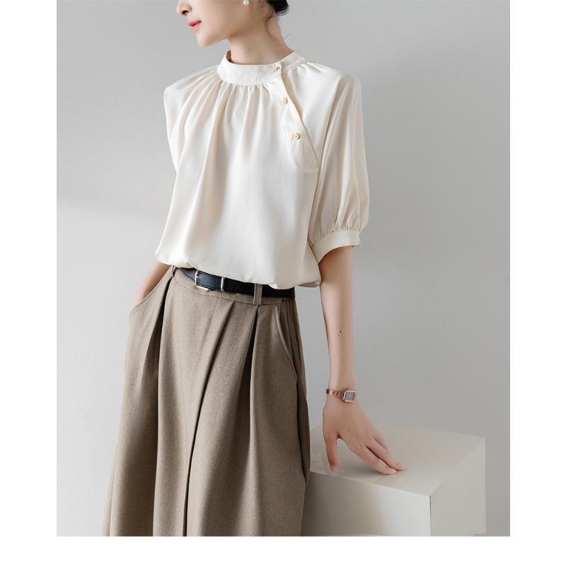 Women Retro Stand Collar Diagonal Button Short Sleeve Casual Commute Shirt S шампанского