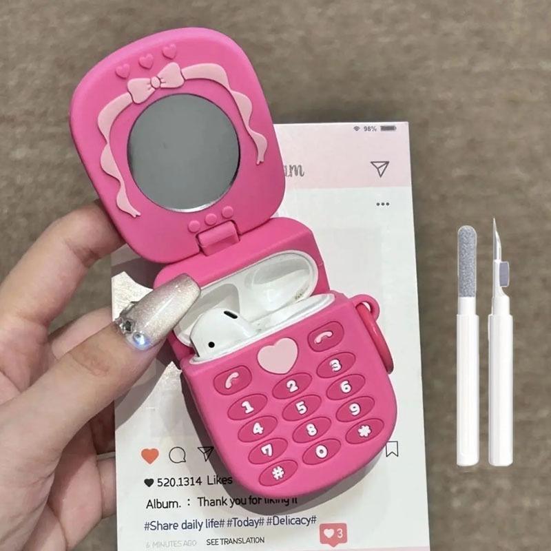 Pink Love Flip Mirror Phone Headphone Cover For apple airpods1/2 Pro Pro2 3 4 Simulation Silicone Retro Soft Case