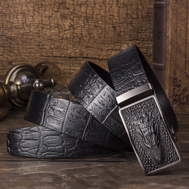 Men'S Genuine Leather Alligator Pattern Belt, First Layer Cowhide Automatic Buckle Belt Business
