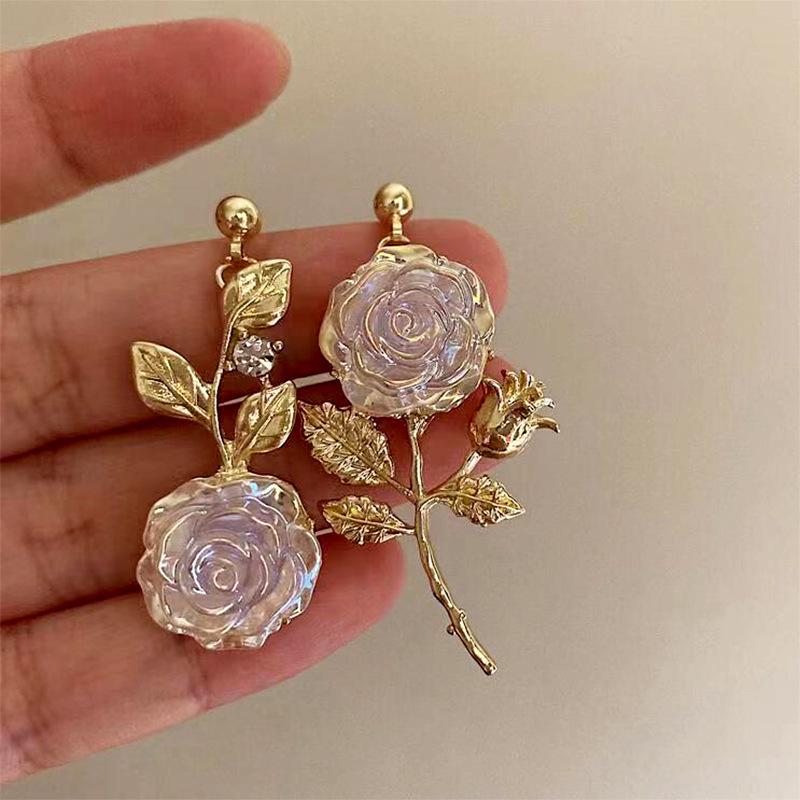 S925 Sterling Silver Asymmetrical Rose Earrings - Trendy 2023 Fashion for Women