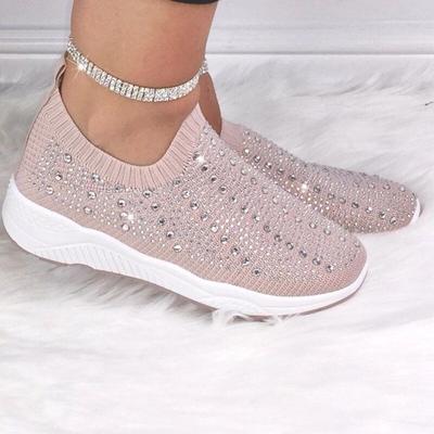 New Knit Mesh Crystal Sneakers Women Comfortable Breathable Flat Shoes Fashion Slip On Plus Size Casual Shoes Female