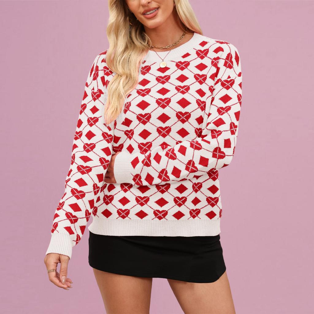 Women's Fashionable Round Neck Long Sleeved Heart-shaped Pullover, Contrasting Color Pullover, Sweater Top
