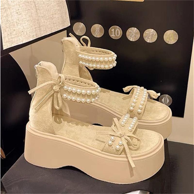 

сандалии на толстой подошве с увеличением высоты женские летние новые модные жемчужные туфли для улицы нескользящие на танкетке с высоким каблуком 40 бежевый