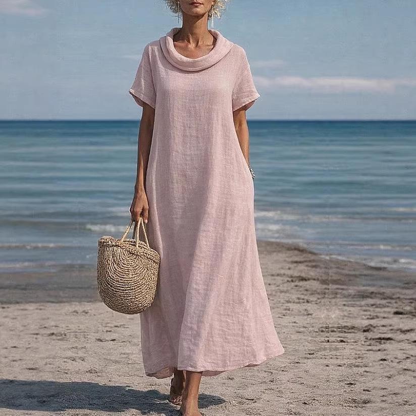 Elegant Solid Color Casual Loose Short Sleeve Women s Dress M розовый