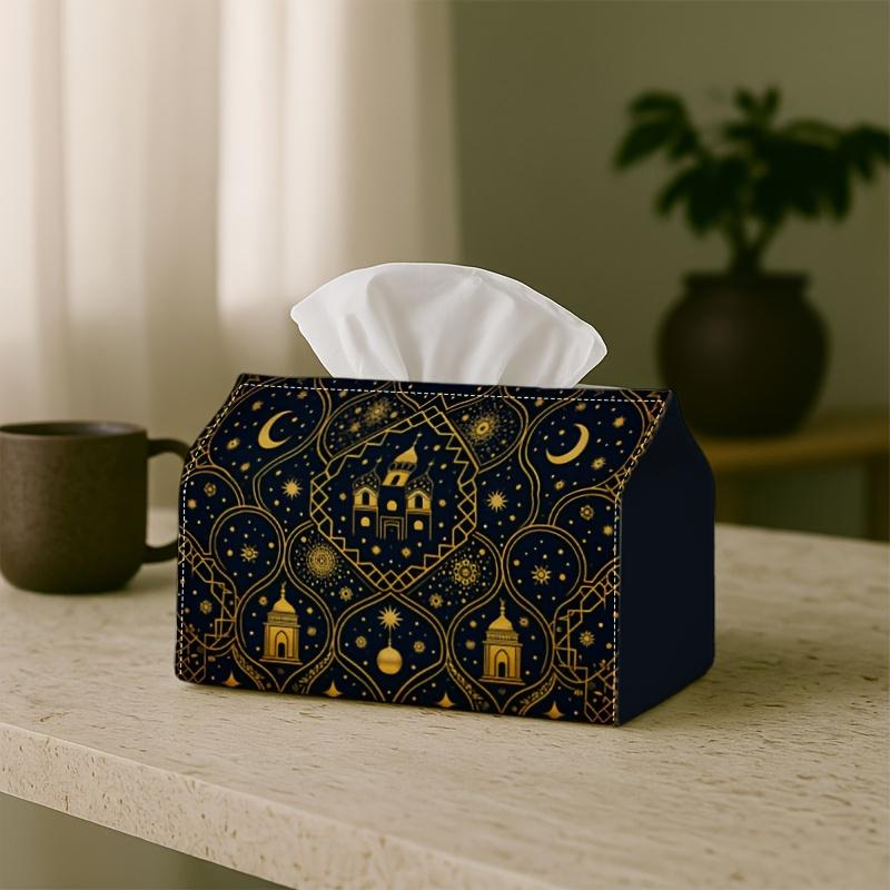 1pc Luxurious Ramadan Celebration Tissue Holder Featuring Golden Stars, Versatile Fabric Tissue Box, Outdoor Event Supplies, Daily Desktop Tissue Orga