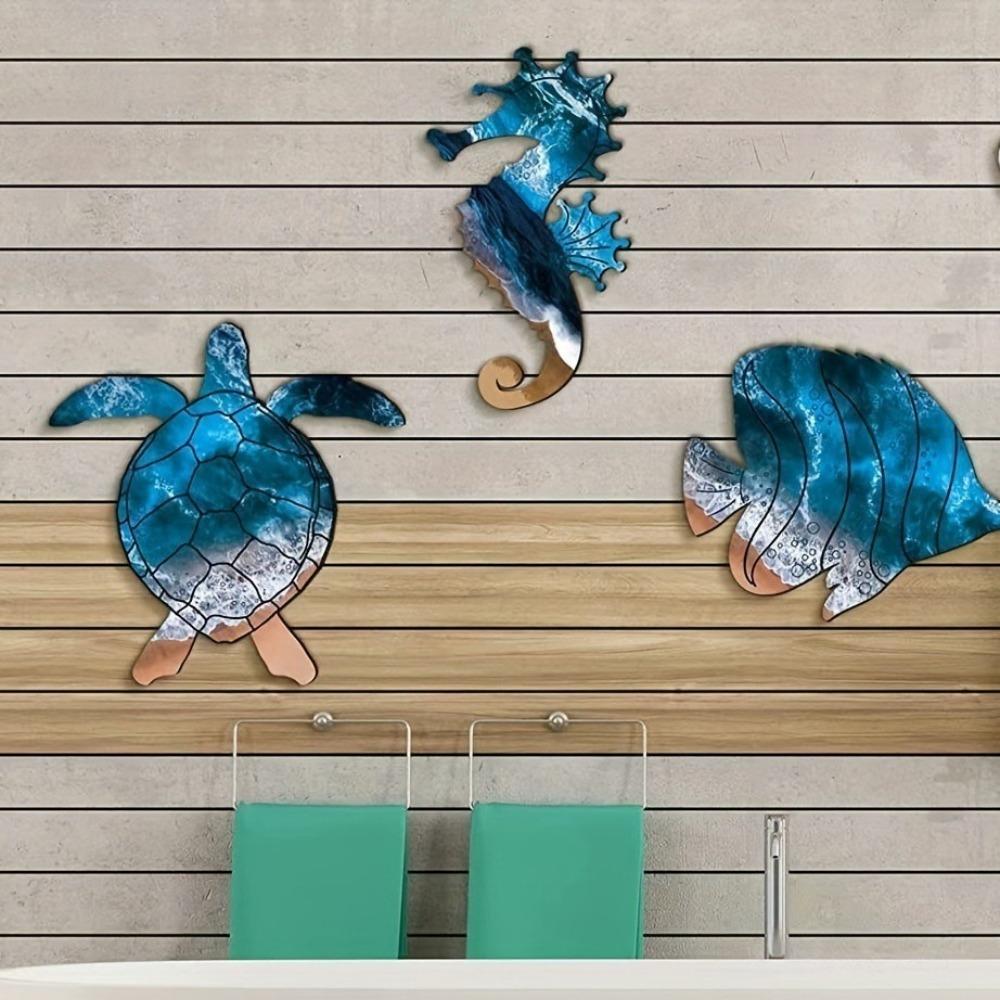 4pcs Mediterranean Style Wooden Sea Hanging Ornaments Seahorse Crab Beach Pendant  Beach House
