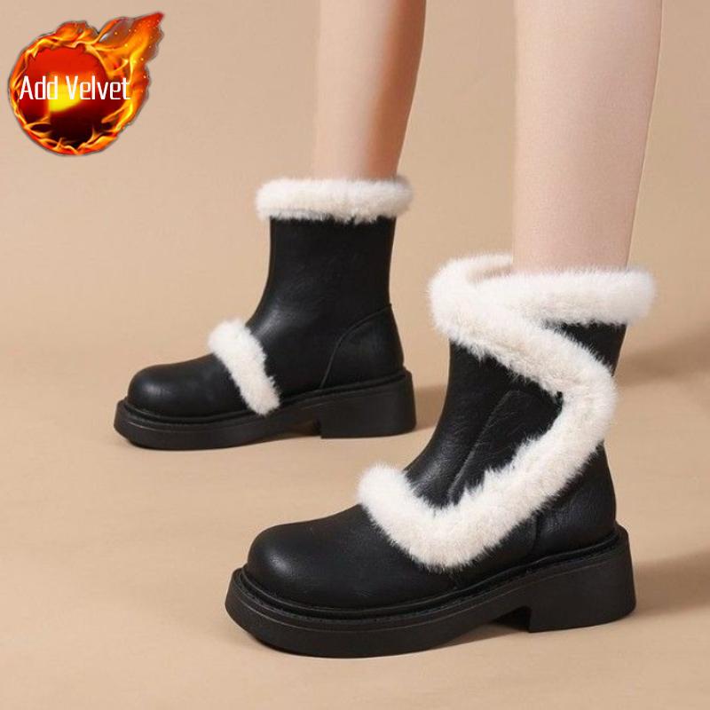 Winter Round Toe Chunky Snow Boots for Women Leather Plush Footwear Trend 2025 Padded Booties Goth Furry New In Woman Shoes Sale