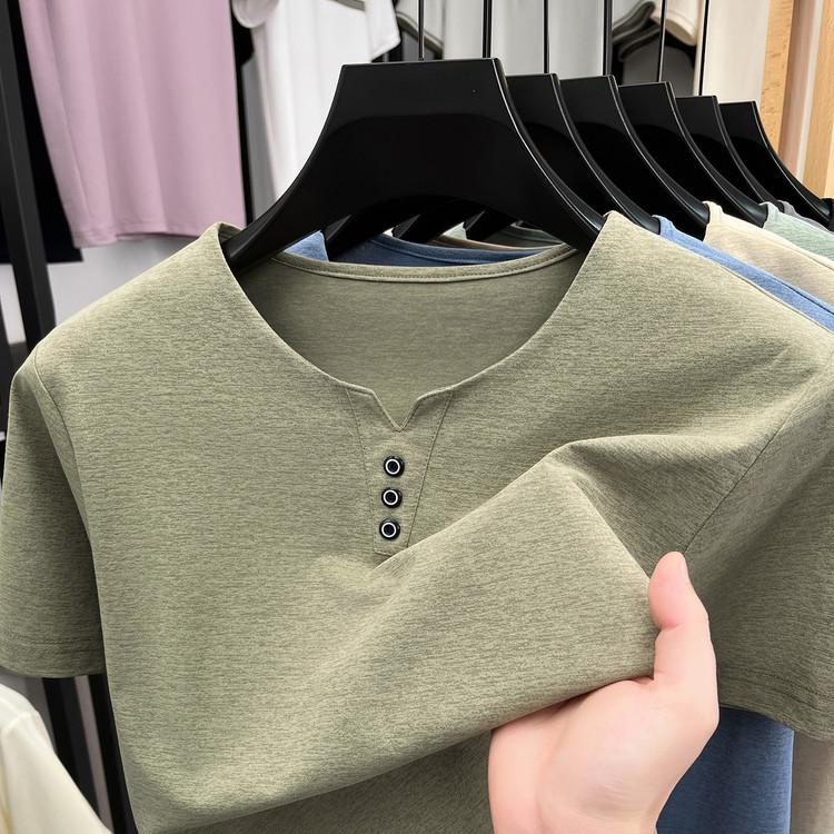 Men's Summer Crew Neck Solid Color Casual Short Sleeve T-shirt, Versatile Korean V-neck Style