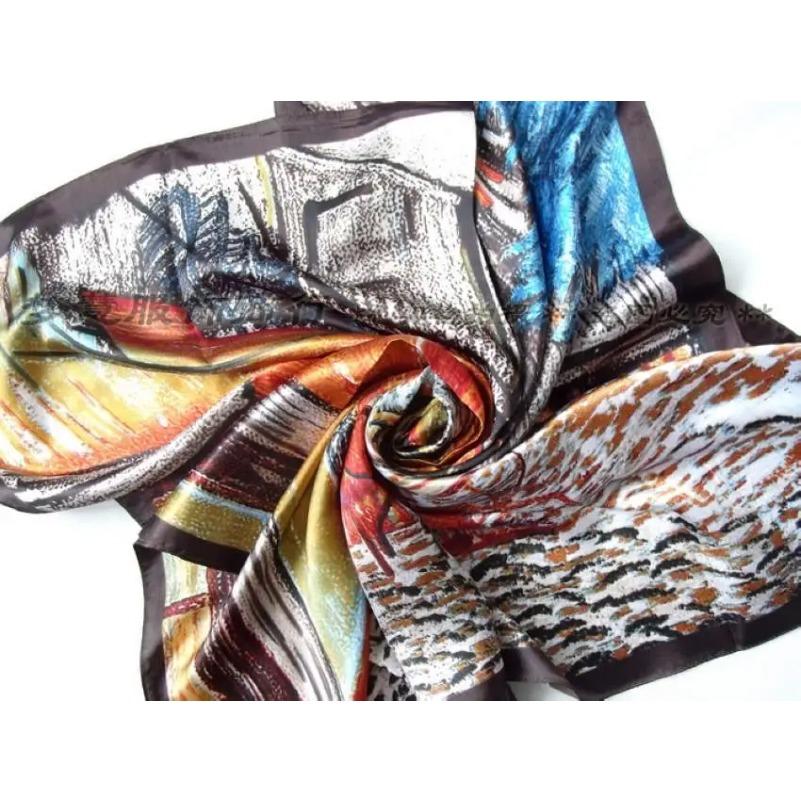 Frühling Herbst Damen Seide Quadratischer Schal Stola China Stil Polyester Satin Hijabs Schals Damen Seidenschals Kaffee 90*90cm