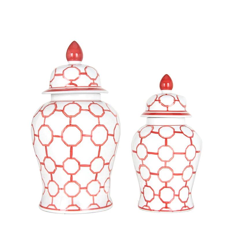 Ceramic Checkmate Jar Red Gingerbread Jar Flower Vase Porcelain Ornament Chinese Handicraft Home Decoration Accessories