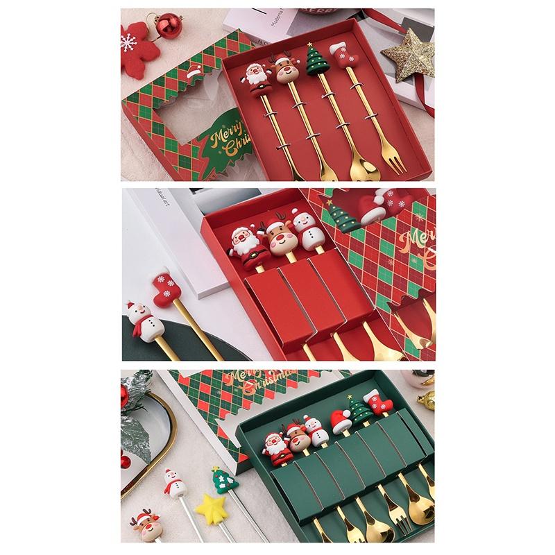 2/4Pcs Stainless Steel Xmas Spoon Fork Cutlery Set Cute Cartoon Handles for Holiday Party Table Decor