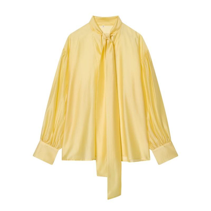 Womens Solid Color Long Sleeve Blouse With Bow Tie Collar Loose Fit Office Casual Shirt
