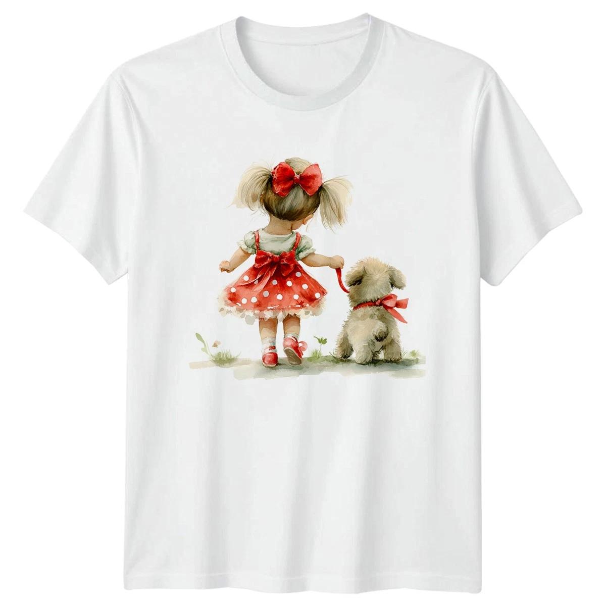 Girl Dog Walking Watercolor Pet Dogs Animals Mens T-Shirt Womens Tee Graphic Top XS