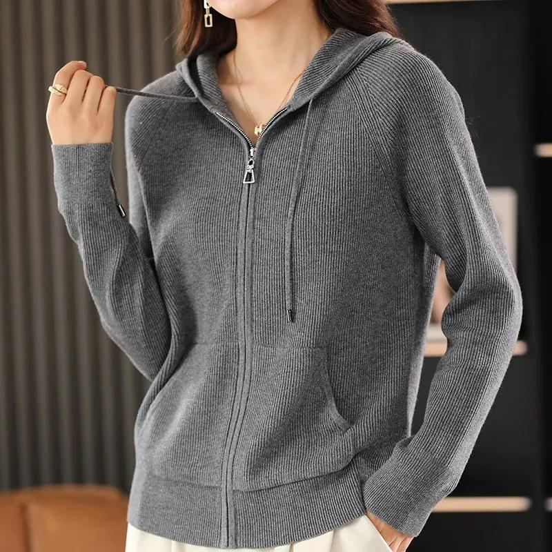 Women's Autumn and Winter Sweater Hooded Collar Thick Knitted Zipper Cardigan with Pockets Basic Wear