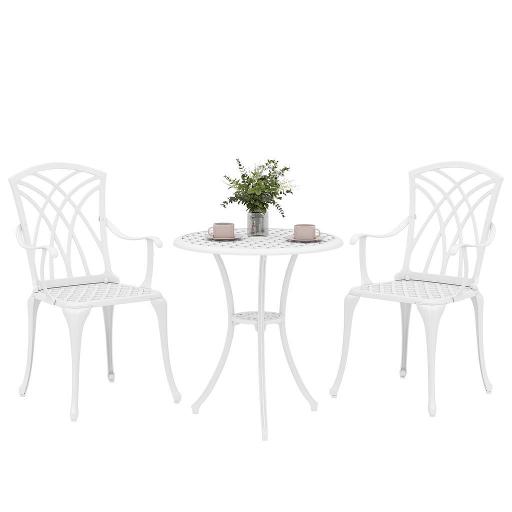 3 Pieces Garden Bistro Set, Cast Aluminium Outdoor Dining Set with 2 Chairs and Round Table with Parasol Hole, White