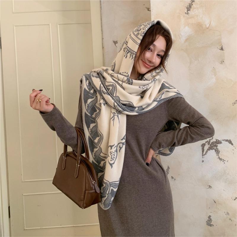 Autumn and Winter Wool Silk Thick Jacquard Shawl Women's High Sense Enlarged Versatile Scarf Dual-purpose Thermal Blanket