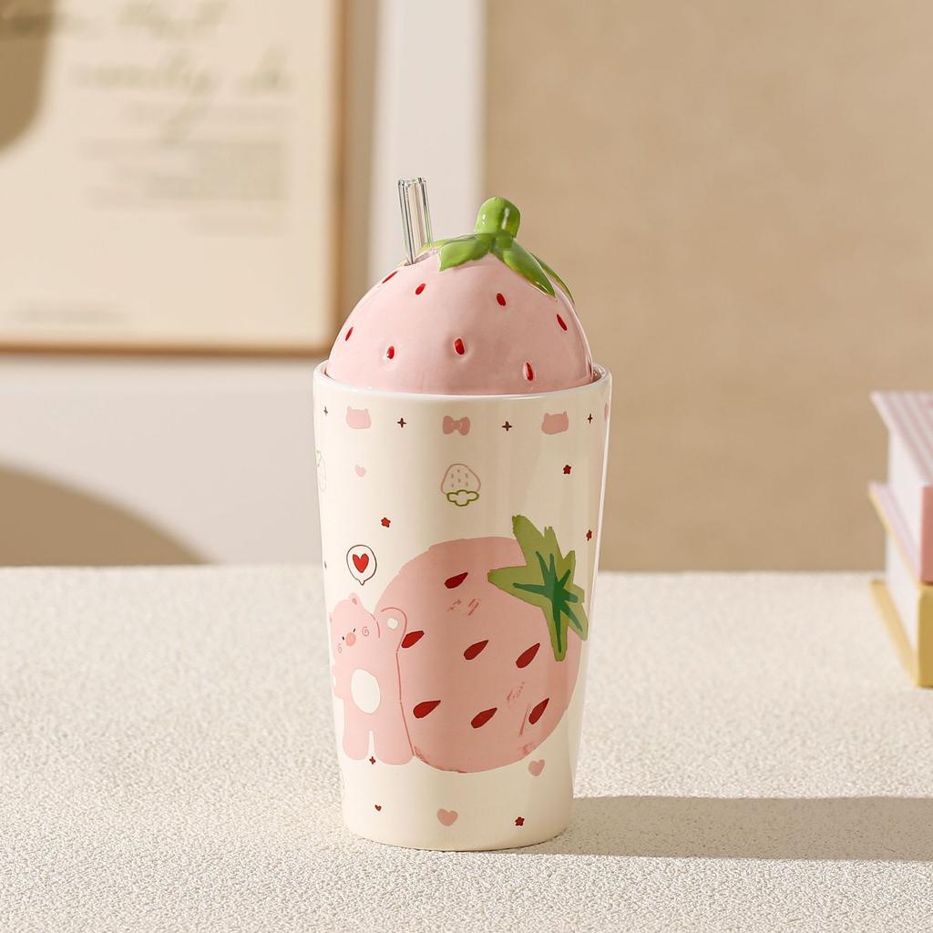 Fruit Strawberry Ceramic Cup with Lid Straw House Mug Festive Cup for Girls' High Value Water Cup Small Gift