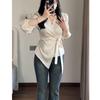 Women's Satin V-Neck Tie-Up Shirt – Waist-Cinching, Elegant, for Spring/Summer, Mature Niche Design