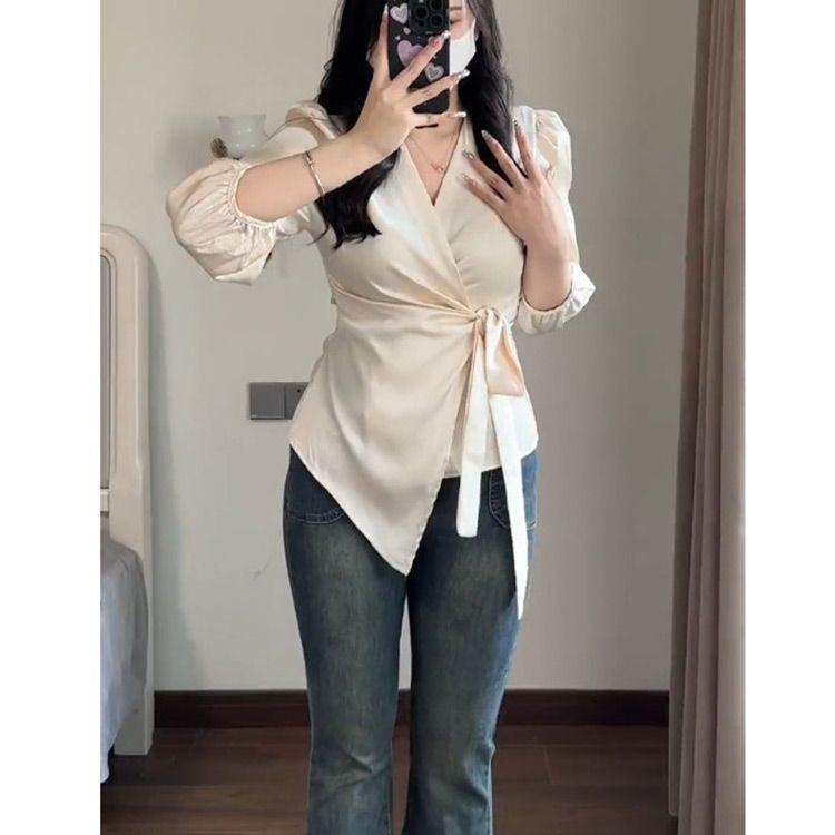 Women's Satin V-Neck Tie-Up Shirt – Waist-Cinching, Elegant, for Spring/Summer, Mature Niche Design