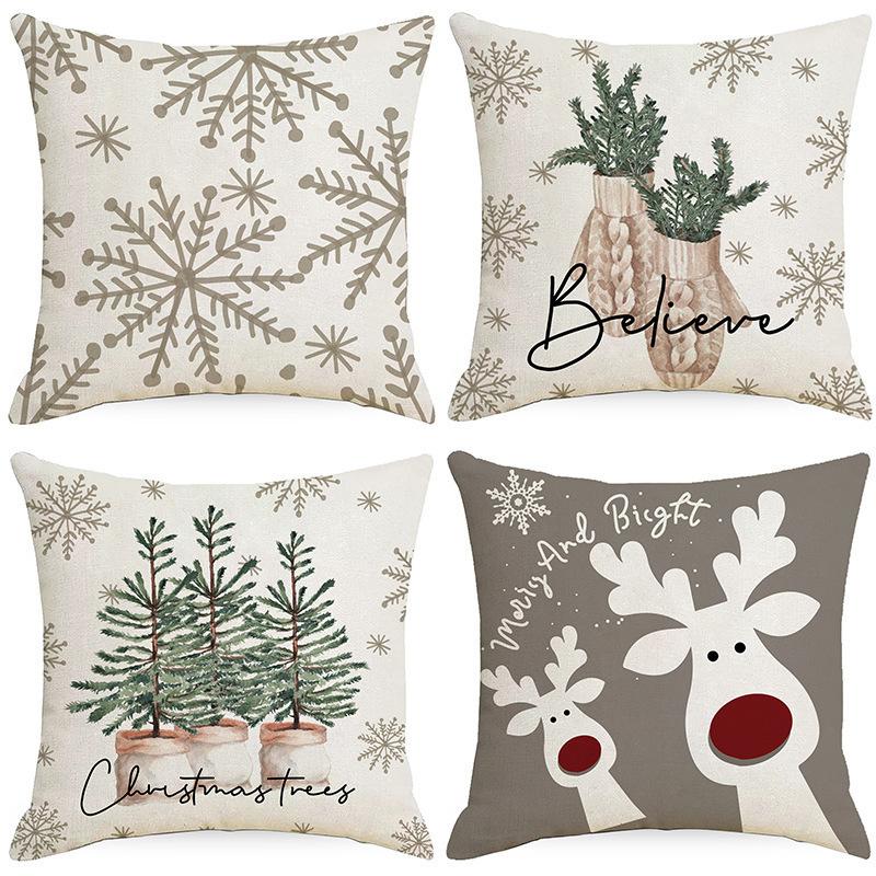 Festive Christmas Cushion Covers with Reindeer, Snowman, and Tree Designs - 45cm, Neutral Tones