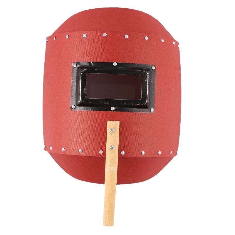 Ręczna Czerwona Stalowa Maska Spawalnicza z Drewnianym Uchwytem, Wodoodpornym Kapturem i Czapką do Spawania Łukiem Argonowym dla Ochrony Spawacza