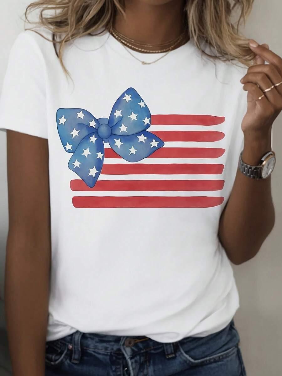 Women s Vintage American Flag T-Shirt - Red, White, And Blue Star Bow Design M